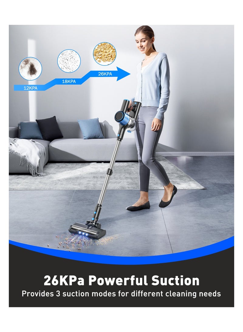 Cordless Vacuum Cleaner, 28Kpa Powerful Suction Stick Vacuum, 40Mins Runtime Detachable Battery, 3 Power Modes & LED Display, 6 in 1 Lightweight Vacuum for Hardwood Floor Carpet Pet Hair, Blue