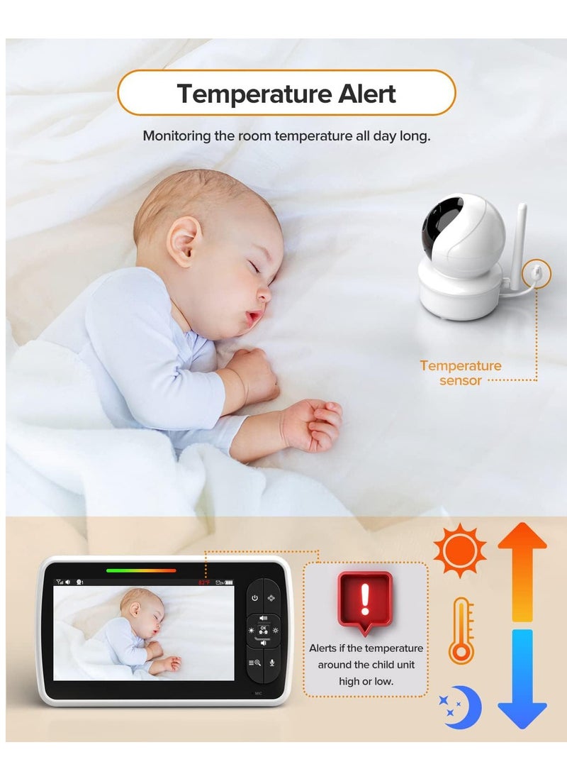 Baby Monitor, 5” Large Display Video Baby Monitor with Remote Pan-Tilt-Zoom, Infrared Night Vision, Temperature Display, Lullaby, Two Way Audio, 960ft Range Baby Monitor with Camera and Audio