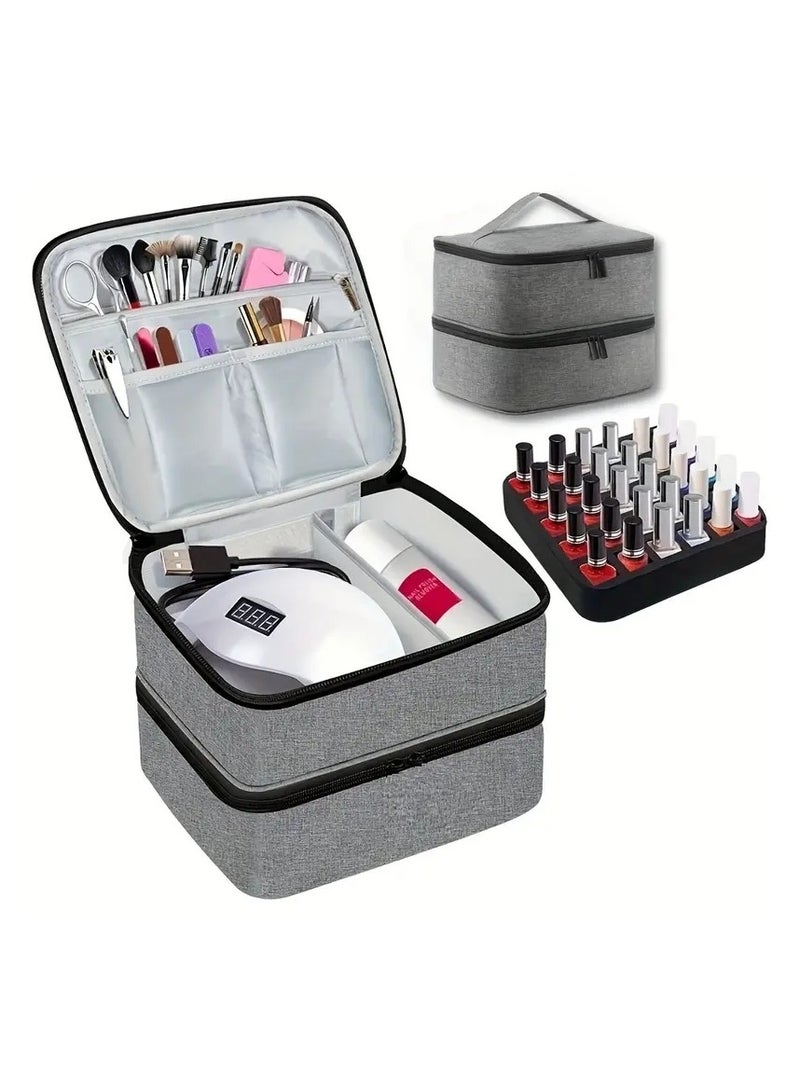 Nail Polish Carrying Case Double Layer Nail Polish Storage Bag Fits Nail Dryer Lamp And Bottles,Nail Polish Organizer Bag With Adjustable Dividers For Manicure