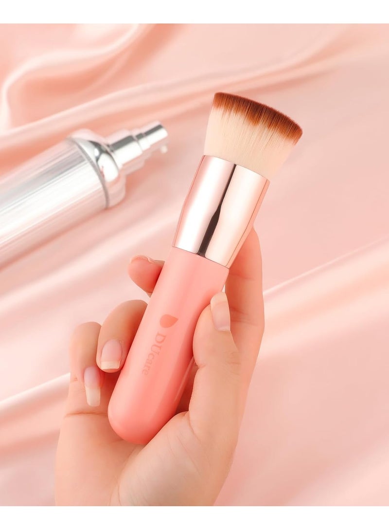 DUcare Foundation Brush for Liquid Makeup, Self Tanner Brush Flat Top Kabuki Professional Makeup Brushes Blending Mineral Powder Buffing Stippling Makeup Tools, Pink