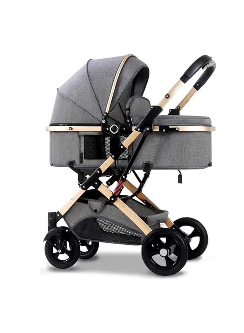 Baby Stroller with Canopy, Baby Bassinet Stroller, Infant Stroller with Reversible Seat with Rubber Wheel and Good Shock absorption (Gray)