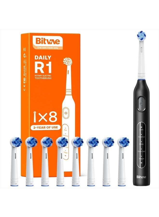 R1 Rotating Electric Toothbrush with 8 Brush Heads for Adults and Kids, 60-Day Battery Life, 5 Modes Rechargeable Power Toothbrush with 2-Minute Smart Timer, Black