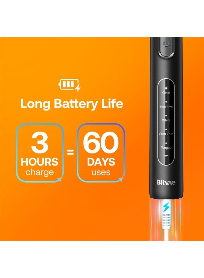 R1 Rotating Electric Toothbrush with 8 Brush Heads for Adults and Kids, 60-Day Battery Life, 5 Modes Rechargeable Power Toothbrush with 2-Minute Smart Timer, Black