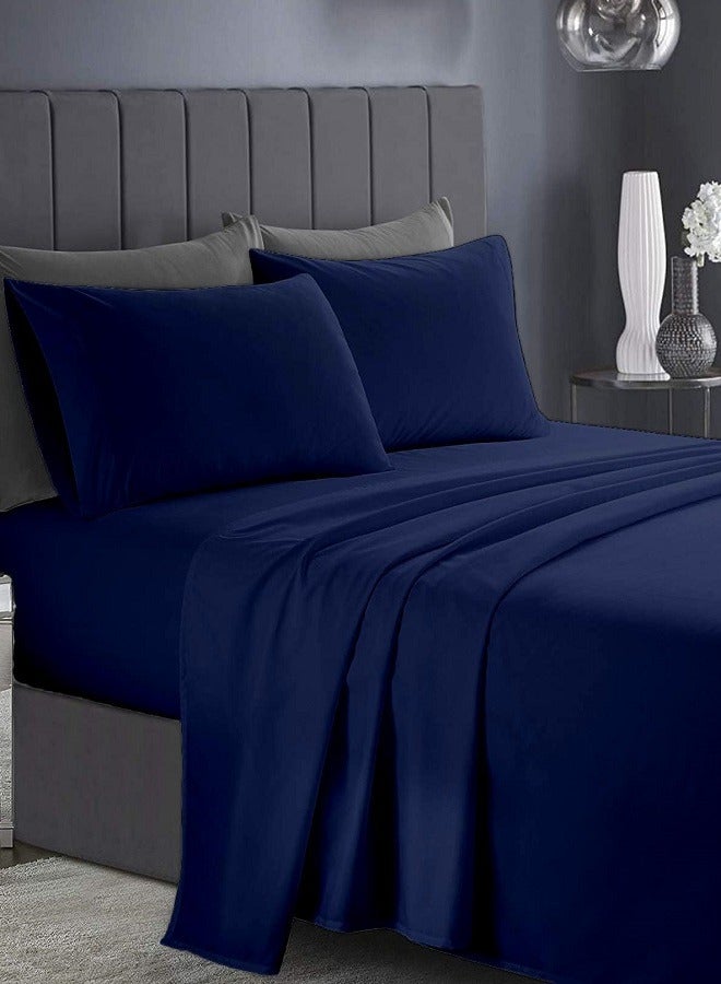 RISHAHOME 3 Piece Deep Pocketed Fitted Bedsheet Set King Size |Navy Blue Colour|1 Fittedsheet - 200x200+30 cm, 2 Pillowcases - 50x75 cm|Non allergic Microfiber for year-around use.