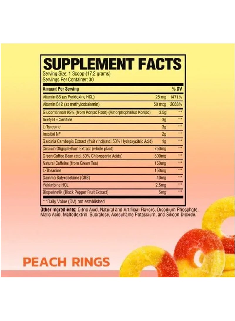 RAW Burn Thermogenic Powder - Peach Rings Flavor, 516g