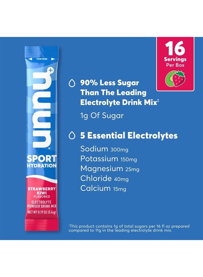 Sport Electrolyte Powder Packets - Strawberry Kiwi Flavor | 5 Essential Electrolytes for Hydration | Easy Open Drink Mix with Magnesium | 1g Sugar | Non GMO, Vegan | 16 Single Serving Sticks