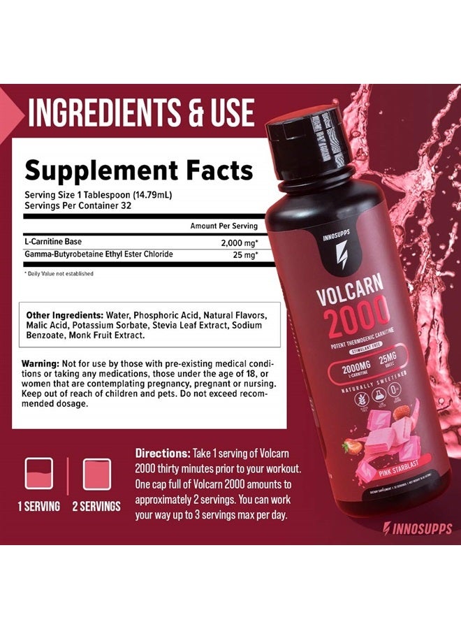 Volcarn 2000 - Advanced Fat Burning Liquid | L-Carnitine, GBEEC, Boost Energy, ATP Enhancer | Caffeine Free, No Artificial Sweeteners | 32 Servings (Candy Peach Rings)