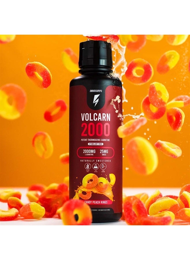 Volcarn 2000 - Advanced Fat Burning Liquid | L-Carnitine, GBEEC, Boost Energy, ATP Enhancer | Caffeine Free, No Artificial Sweeteners | 32 Servings (Candy Peach Rings)