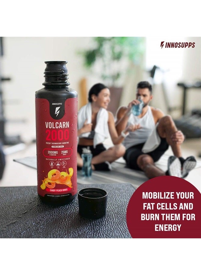 Volcarn 2000 - Advanced Fat Burning Liquid | L-Carnitine, GBEEC, Boost Energy, ATP Enhancer | Caffeine Free, No Artificial Sweeteners | 32 Servings (Candy Peach Rings)