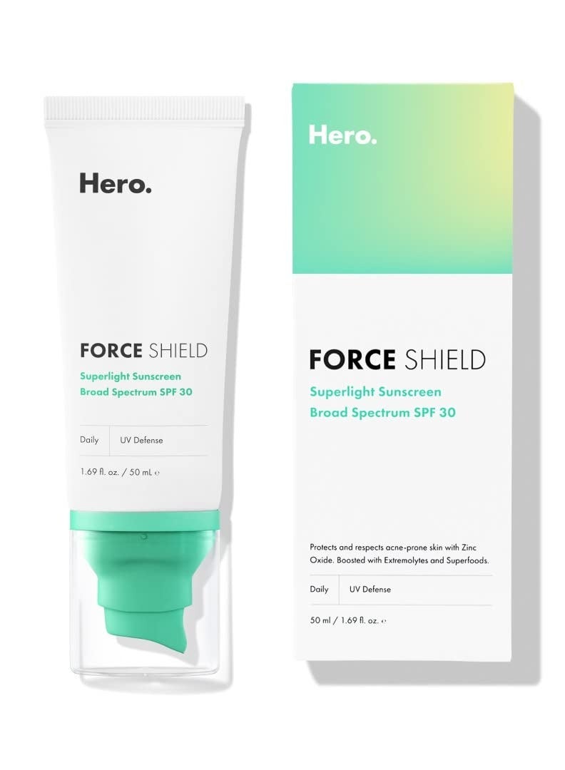 Force Shield Superlight Sunscreen SPF 30 from Hero Cosmetics - Everyday SPF 30 for Acne-Prone Skin with Zinc Oxide, Green Surge, and Extremolytes, Fragrance Free and Reef Safe (50 ml)