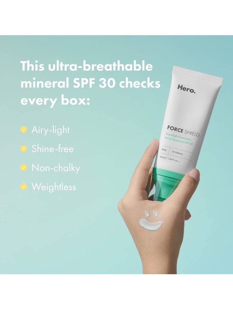 Force Shield Superlight Sunscreen SPF 30 from Hero Cosmetics - Everyday SPF 30 for Acne-Prone Skin with Zinc Oxide, Green Surge, and Extremolytes, Fragrance Free and Reef Safe (50 ml)