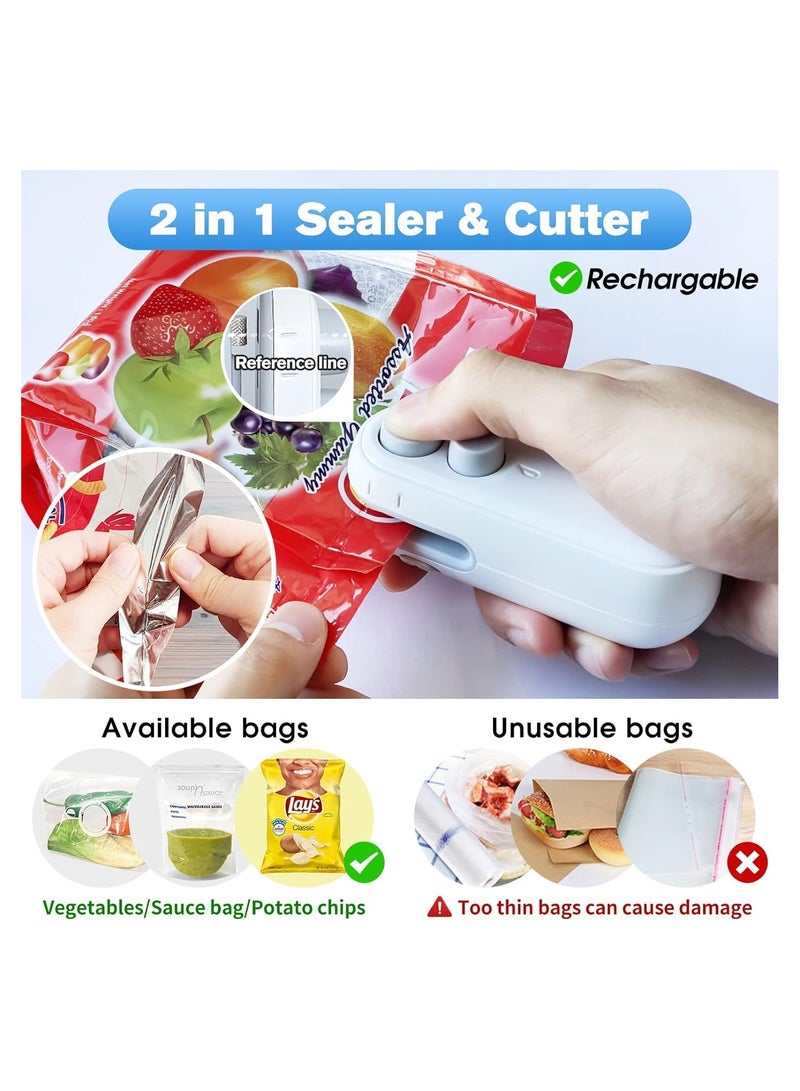 Mini Bag Sealer, 2 in 1 Heat Sealer For Snacks, Rechargeable Handheld Plastic Bag Resealer, Vacuum Bag Sealing Machine Portable, Keep Food Chips Cookies Fresh (White)