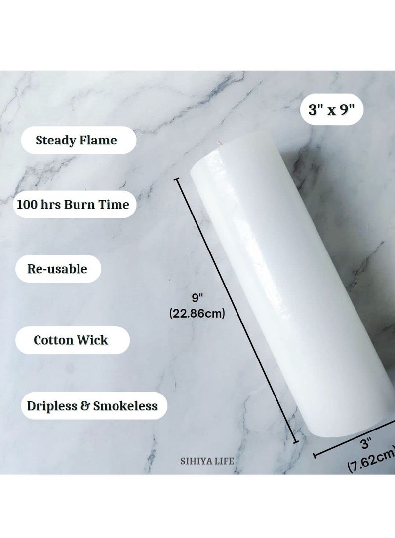 Set of 2 White Pillar Candles| 3 x 9 inch | Unscented & Dripless Candles for Decor, Events, Restaurants | Natural Wax with Cotton Wicks | 135 hrs/candle Burn Time