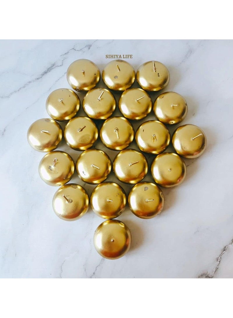 Pack of 20 Gold Floating Candles, 5x3cm, Unscented & Dripless Dinner Candles for Decor, Events, Natural Wax with Cotton Wicks, 5-6 Hours Burn Time