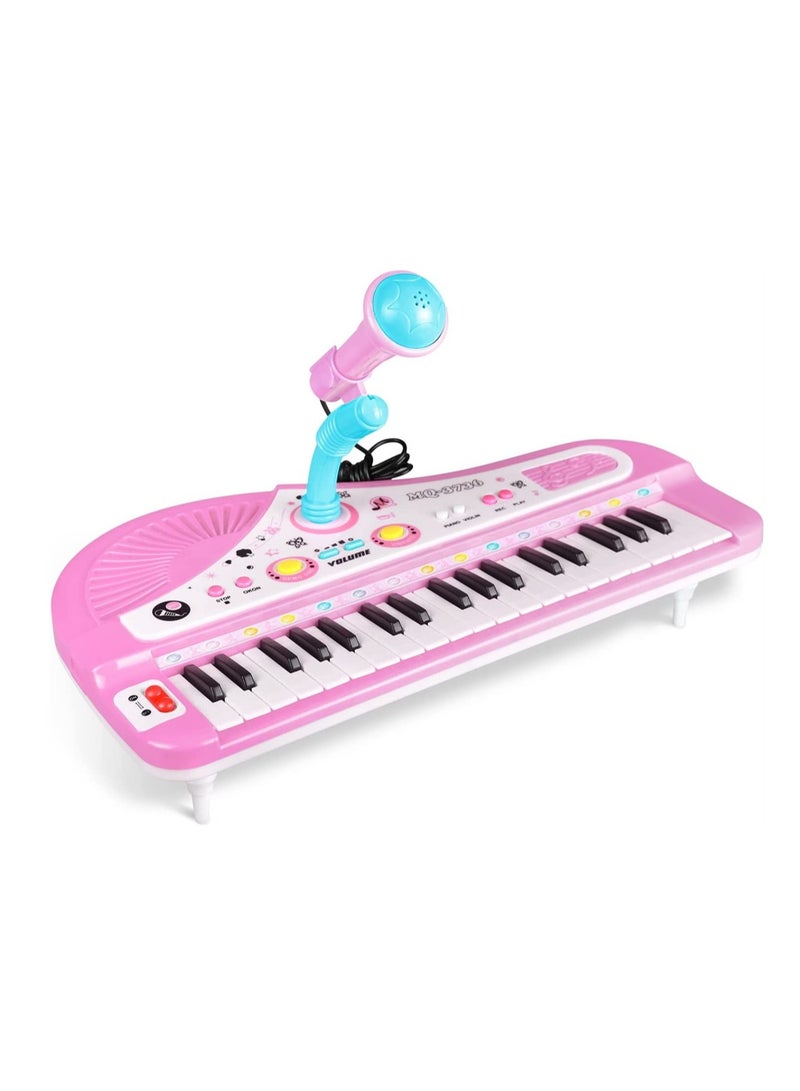 Kids Piano Keyboard, Piano for Kids with Microphone Portable Electronic Keyboards for Beginners 37 Keys Musical Toy for Baby Girls Birthday Gift 3 4 5 6 7 Year Old Kids Toy Piano (Pink)