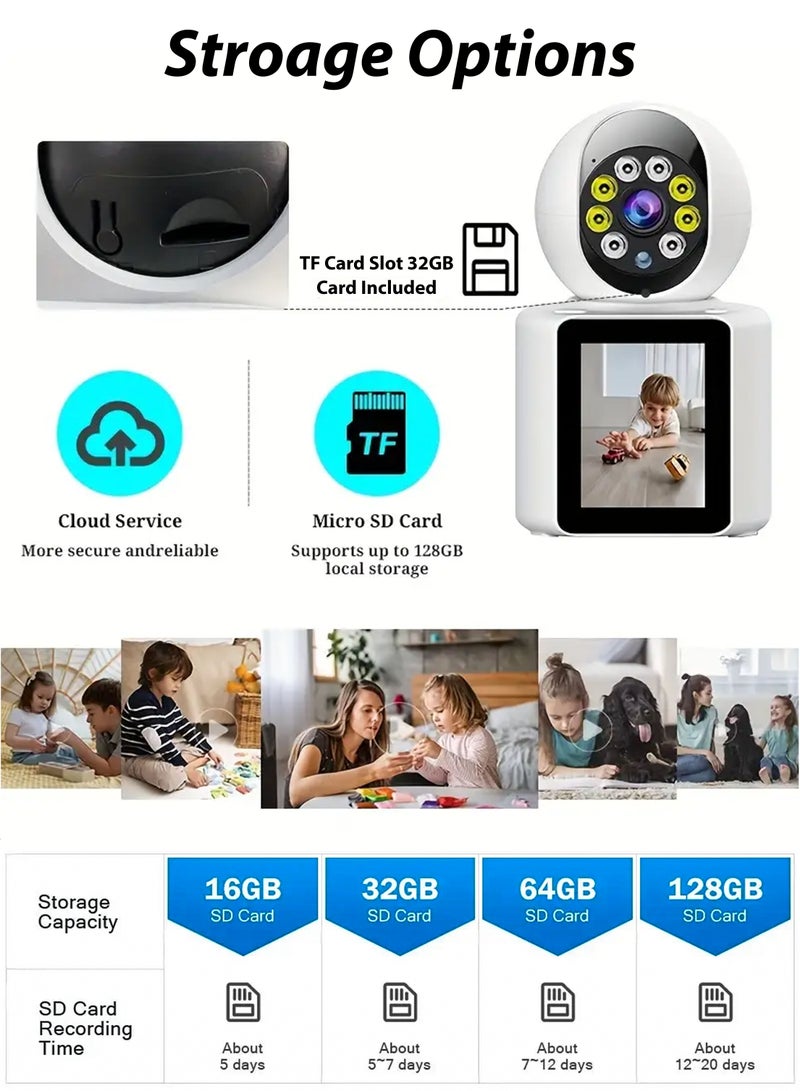 Home Office Security Surveillance Camera Two Way Video Calling Full HD 1080P WiFi Camera With 2.8 Inch Screen For Baby Kids Elders Pets 350 Degree Night Vision Smart Motion Detection Free 32GB Card