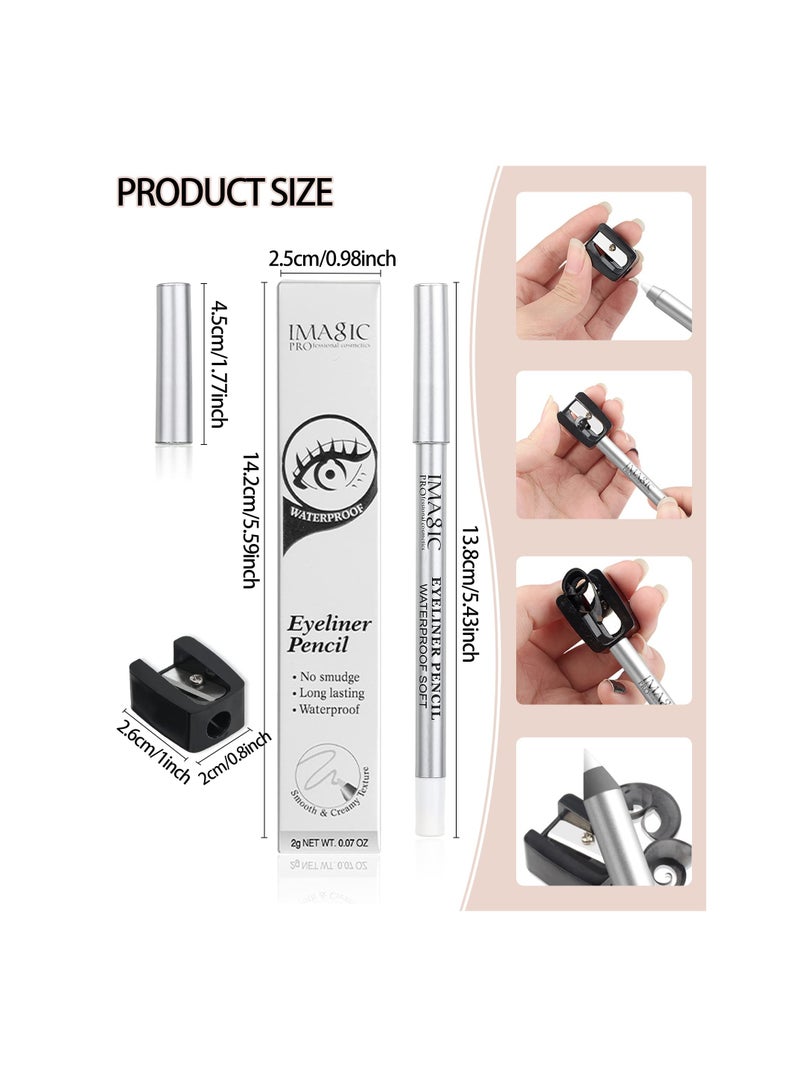 White Waterproof Gel Eyeliner Pens, Highlighter Eye Liner Pencil, Matte Long Lasting  White Eye Liner, Super Smooth formula Eyeshadow Makeup Pen, Polished White Luster, with Pencil Sharpener
