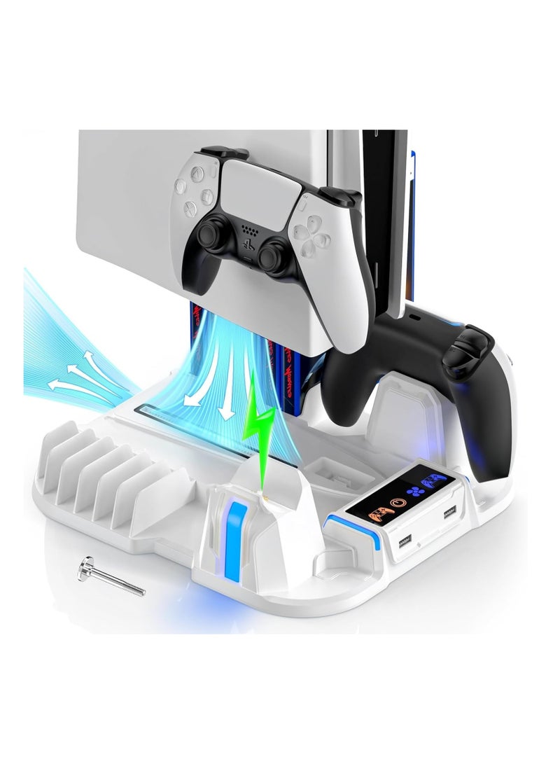 PS5 Slim Cooling Stand with Controller Charging Station for PS5 Slim Console(Digital/Disc), PS5 Slim Accessories Incl. 3 Levels Cooling Fan, 12 Pcs Game Storage for Playsation 5 Slim