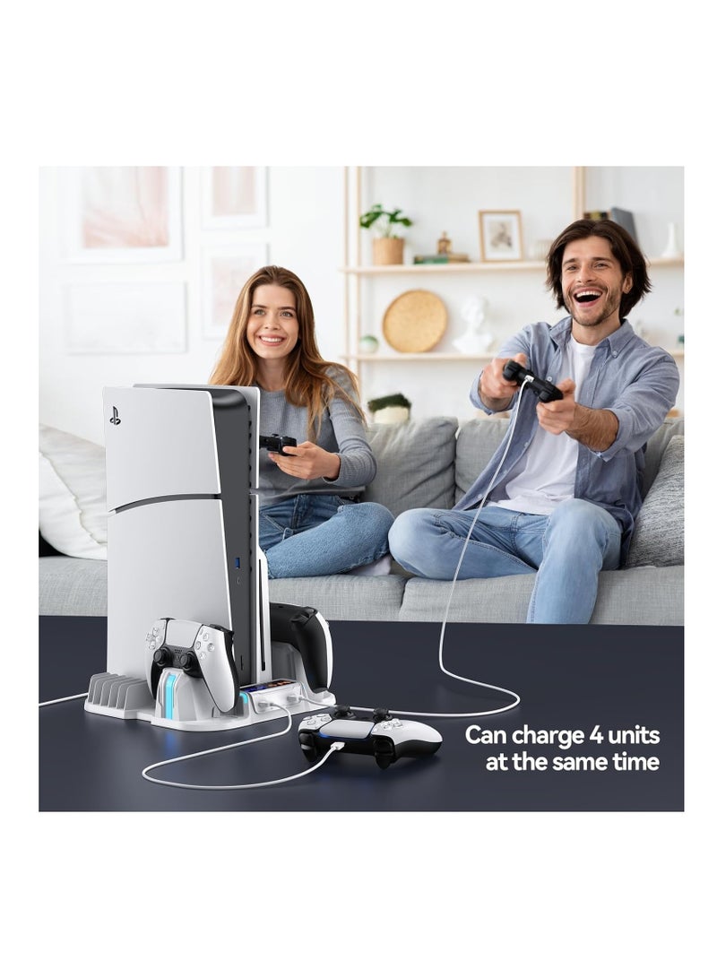 PS5 Slim Cooling Stand with Controller Charging Station for PS5 Slim Console(Digital/Disc), PS5 Slim Accessories Incl. 3 Levels Cooling Fan, 12 Pcs Game Storage for Playsation 5 Slim