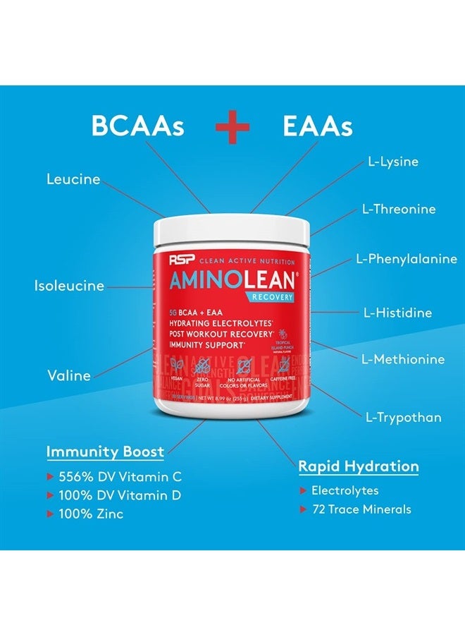RSP AminoLean Recovery - Post Workout BCAAs Amino Acids Supplement + Electrolytes, BCAAs and EAAs for Hydration Boost, Immunity Support - Muscle Recovery Drink, Vegan Aminos, Tropical Punch