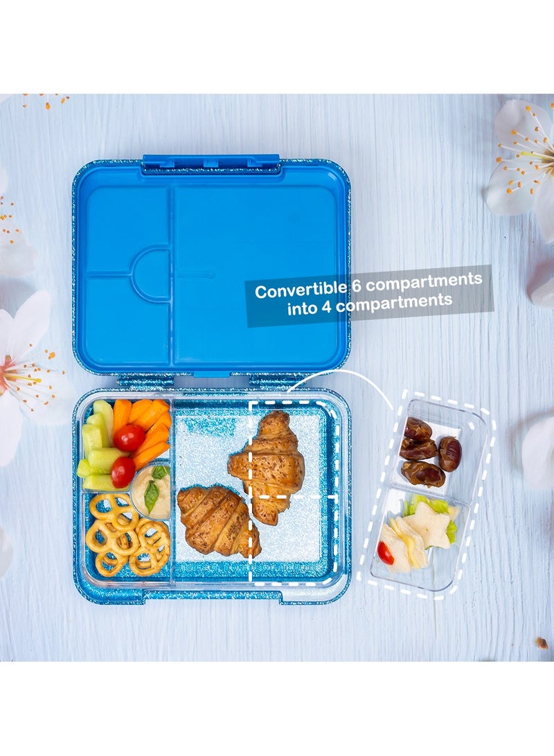 6 And 4 Convertible Bento Lunch Box With  Spoon And Fork Set - Glitter Blue