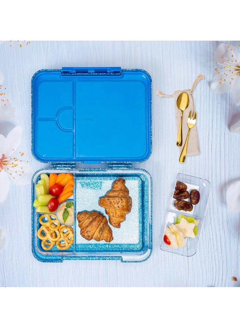 6 And 4 Convertible Bento Lunch Box With  Spoon And Fork Set - Glitter Blue