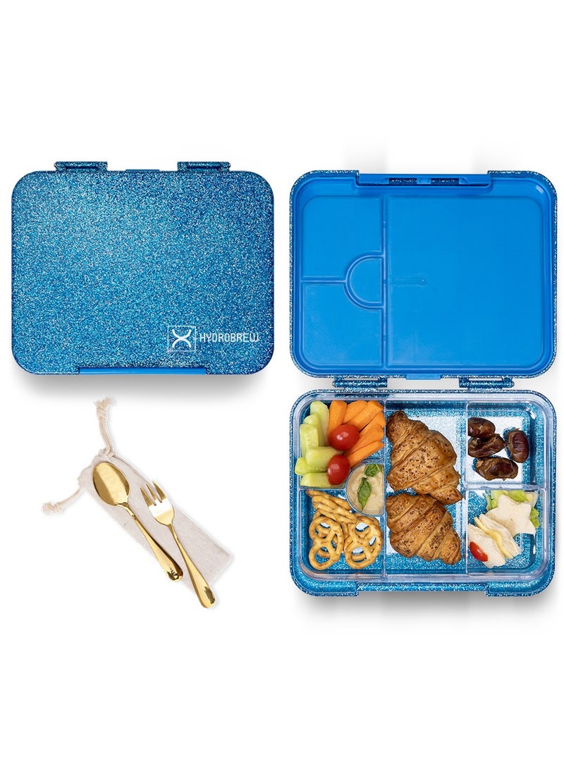 6 And 4 Convertible Bento Lunch Box With  Spoon And Fork Set - Glitter Blue