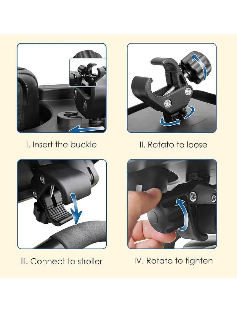 3 in 1 Universal Stroller Snack Tray, Universal Snack Tray with Cup Holder Phone Holder for Stroller, Non Slip Clip Firmly Grip Stroller Bar, Stroller Tray for Watch Video On The Go