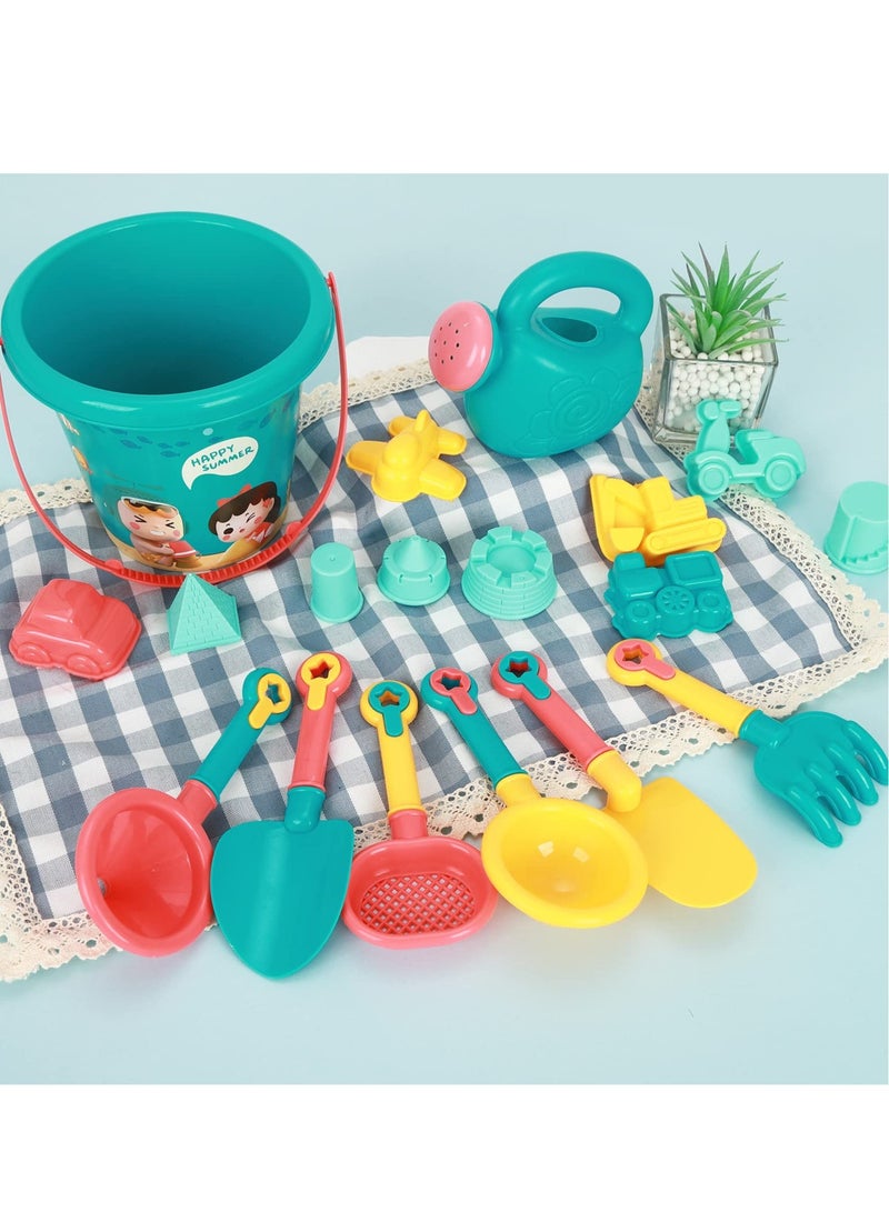 Beach Toys Set for Kids, 18 Pcs Sand Toys with Buckets, Watering Cans, Shovels, Rakes, Castle, Digger, Car Molds and Reusable Mesh Bag, Outdoor Fun Sand Tools for Toddler Children Boys Girls