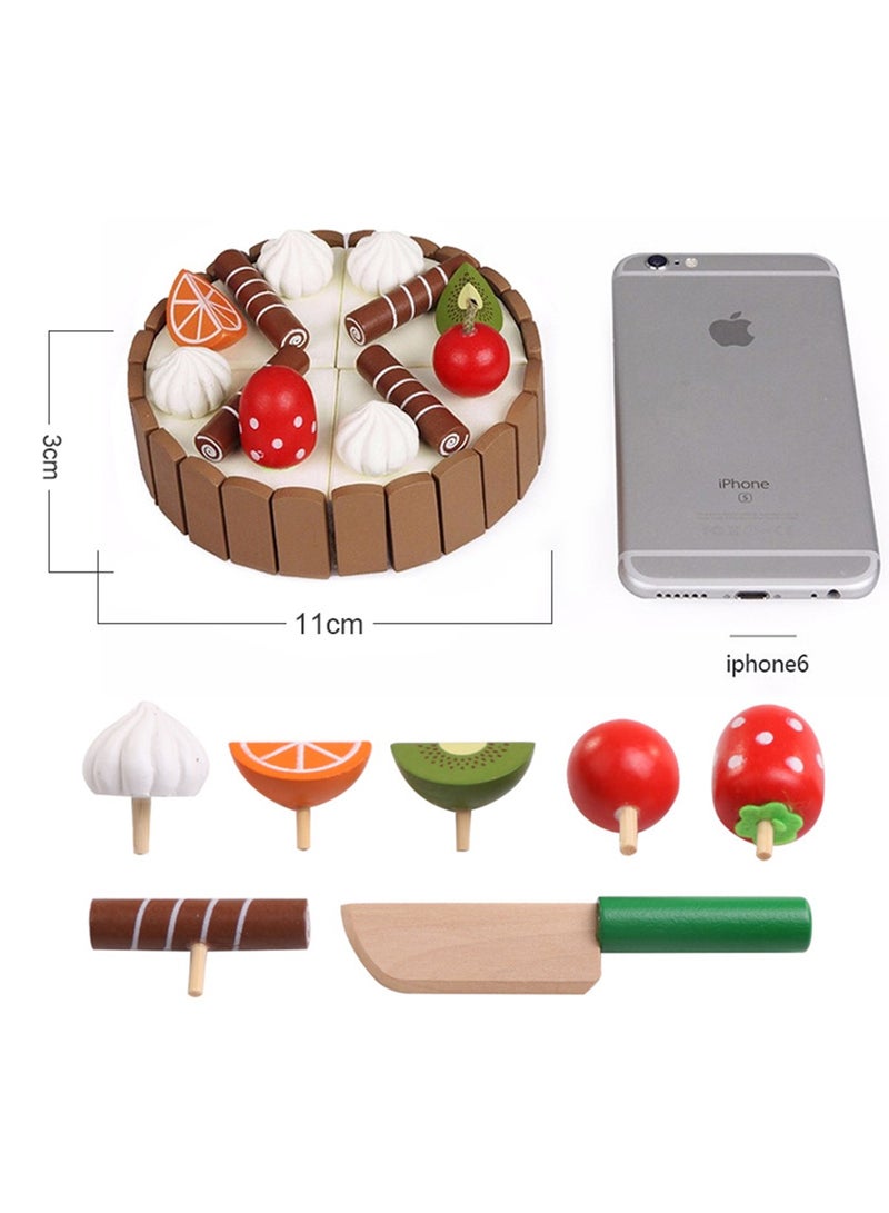 Wooden Birthday Cake Toy   Kids Magnetic Dessert Toy with Cutting Knife, Fruit Toppings, Chocolate and Vanilla Swirls Fun Kitchen Pretend Play Food Party, Cooking Cutter Set, Educational Gift