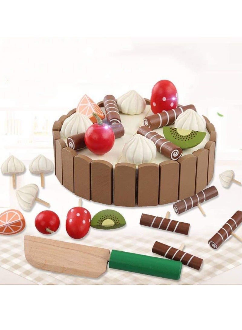 Wooden Birthday Cake Toy   Kids Magnetic Dessert Toy with Cutting Knife, Fruit Toppings, Chocolate and Vanilla Swirls Fun Kitchen Pretend Play Food Party, Cooking Cutter Set, Educational Gift