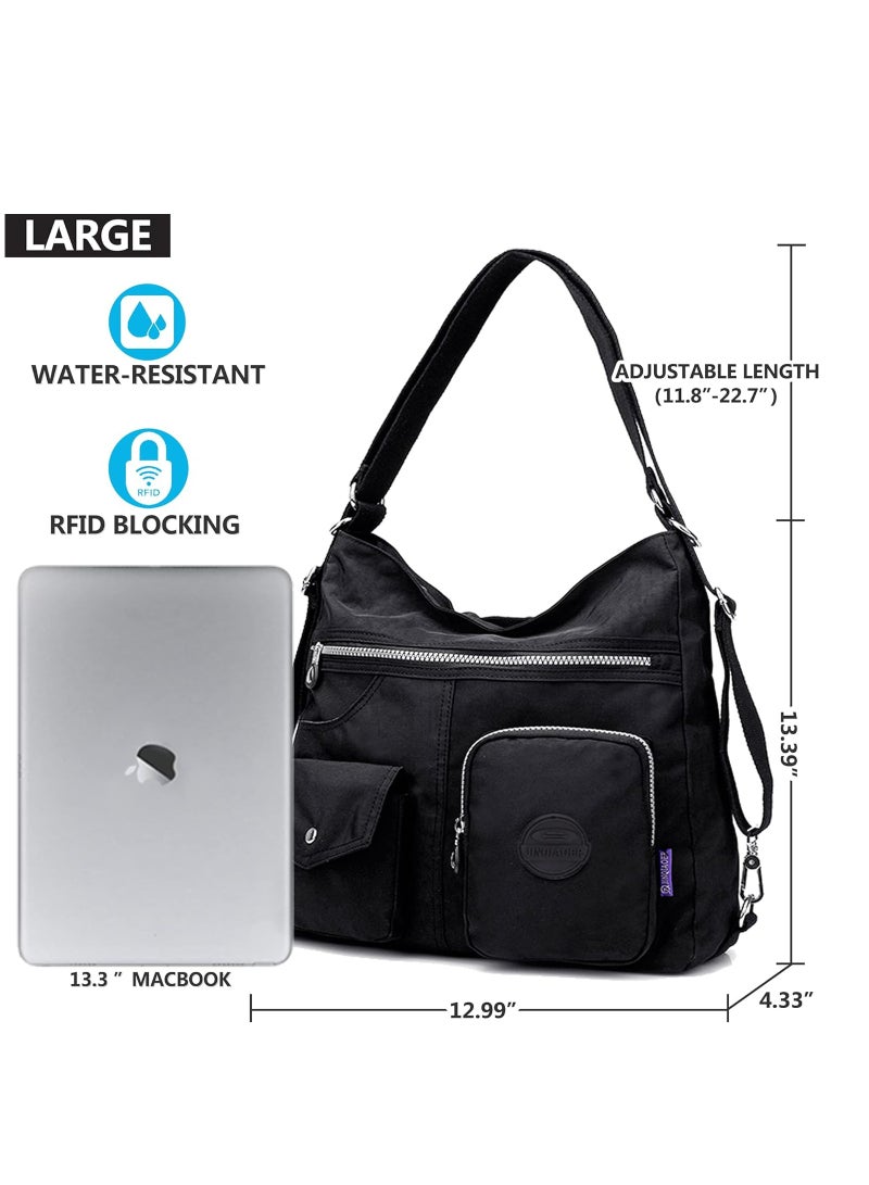 Multipurpose Hobo Purse for Women with Antitheft RFID, Waterproof Nylon Crossbody Bag Shoulder Handbag, Convertible Backpack