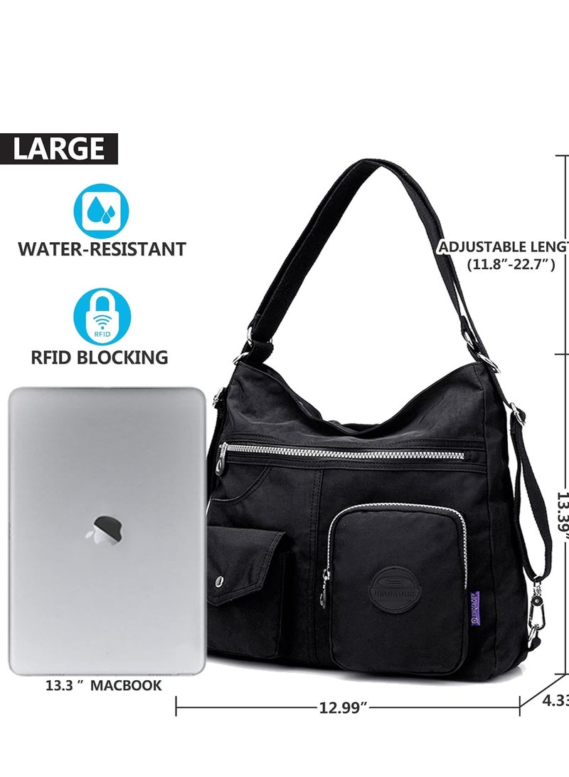 Multipurpose Hobo Purse for Women with Antitheft RFID, Waterproof Nylon Crossbody Bag Shoulder Handbag, Convertible Backpack