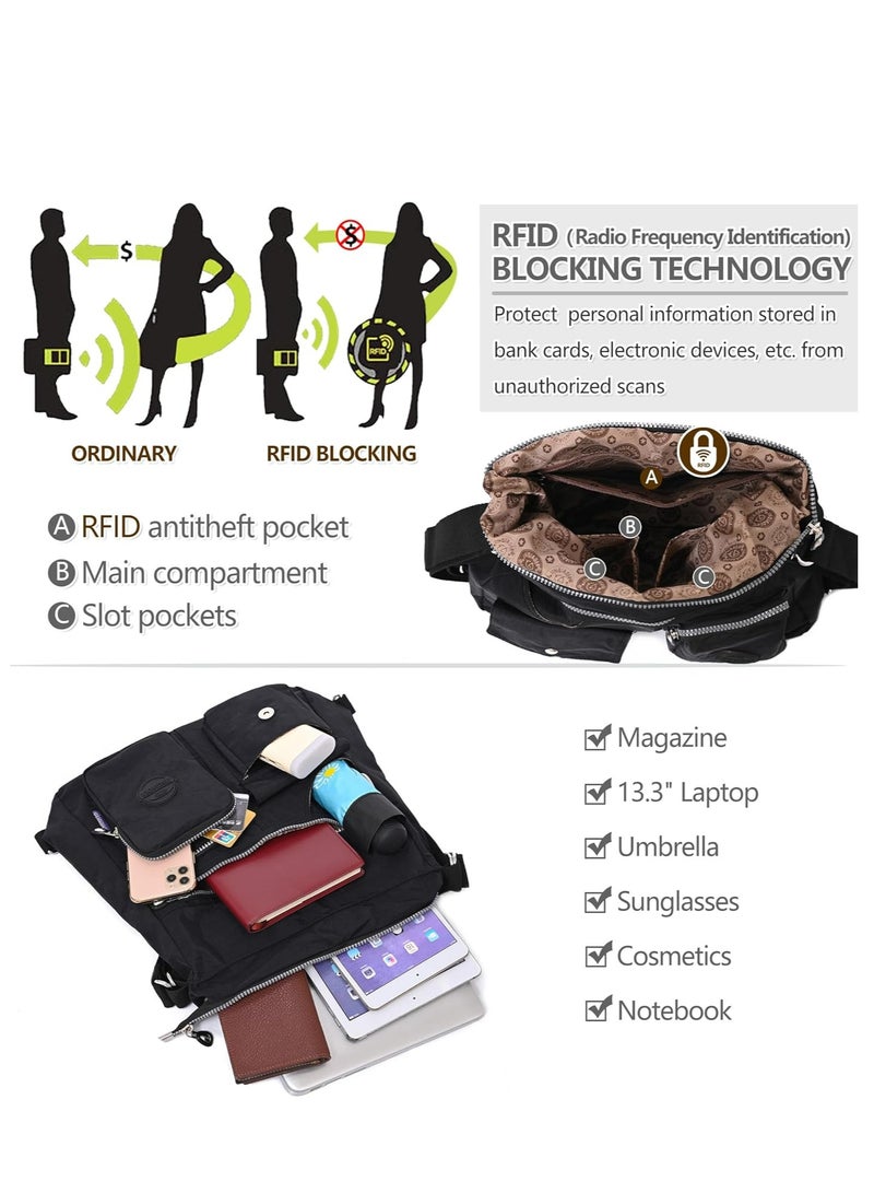 Multipurpose Hobo Purse for Women with Antitheft RFID, Waterproof Nylon Crossbody Bag Shoulder Handbag, Convertible Backpack