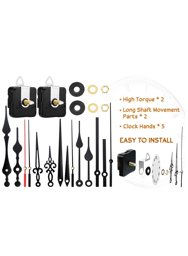 2 Pieces High Torque Long Shaft Clock Movement Mechanism with 5 Different Pairs of Hands DIY Clock Repair Parts Replacement
