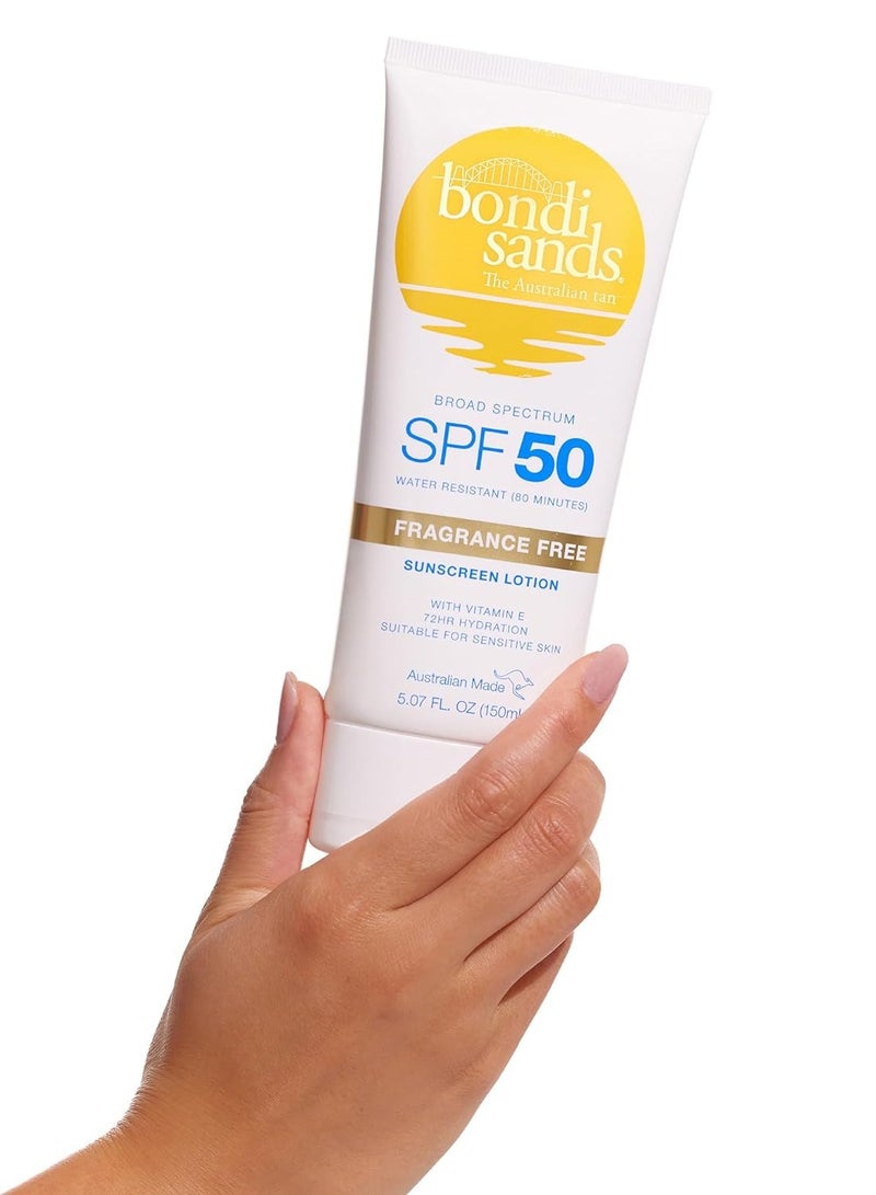 Bondi Sands Fragrance Free Sunscreen Body Lotion SPF 50 | Hydrating Broad Spectrum Protection, Sheer, Water Resistant | 5.07 Oz/150 mL