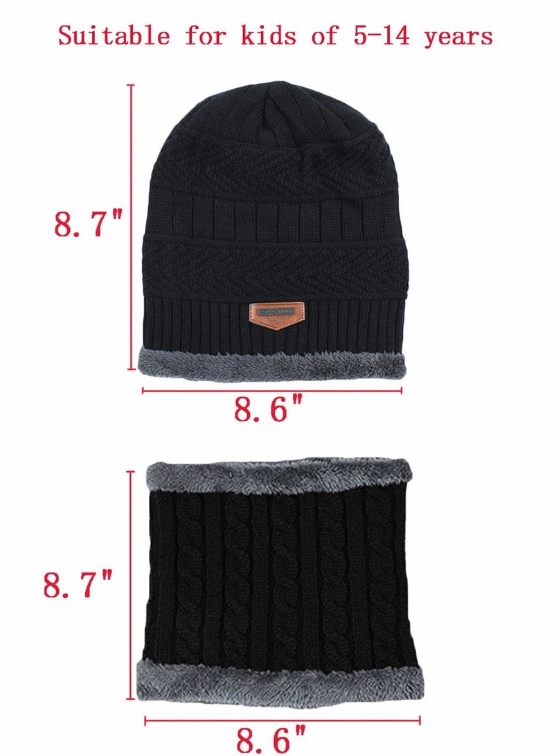 Kids Beanie Hat Scarf Set, 2 Pcs Knit Winter Warm Set for Toddler Boys Girls for 1-6 Years Old Kids Winter Beanie Hat Scarf Set with Knit Thick Warm Fleece Lined Black