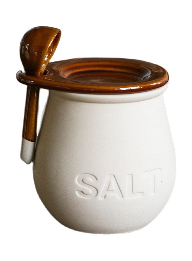 Ceramic frosted Spoon With Lid White/Brown 10.5x10x10cm