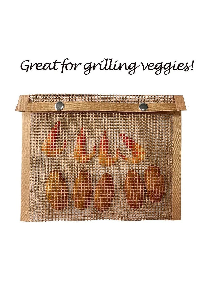 BBQ Mesh Grill Bags High Temperature Resistant Grid Barbecue Bag Reusable Grilling Pouches for Charcoal Gas Electric Grills Set Is A Must-Have All Event 2 Pack Brown