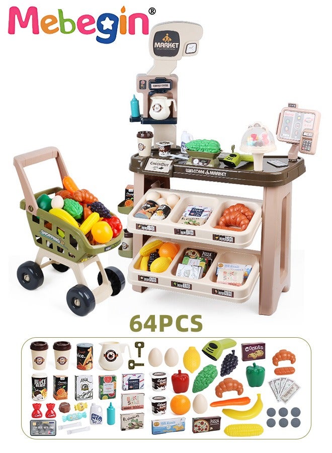 64 Pcs Cash Supermarket Playset with Trolley Working Scanner Register Shopping Cart Play Money Pretend Play Set Toys Accessories for Kids,Pretend Play Cash Register Toy Set with Music Light