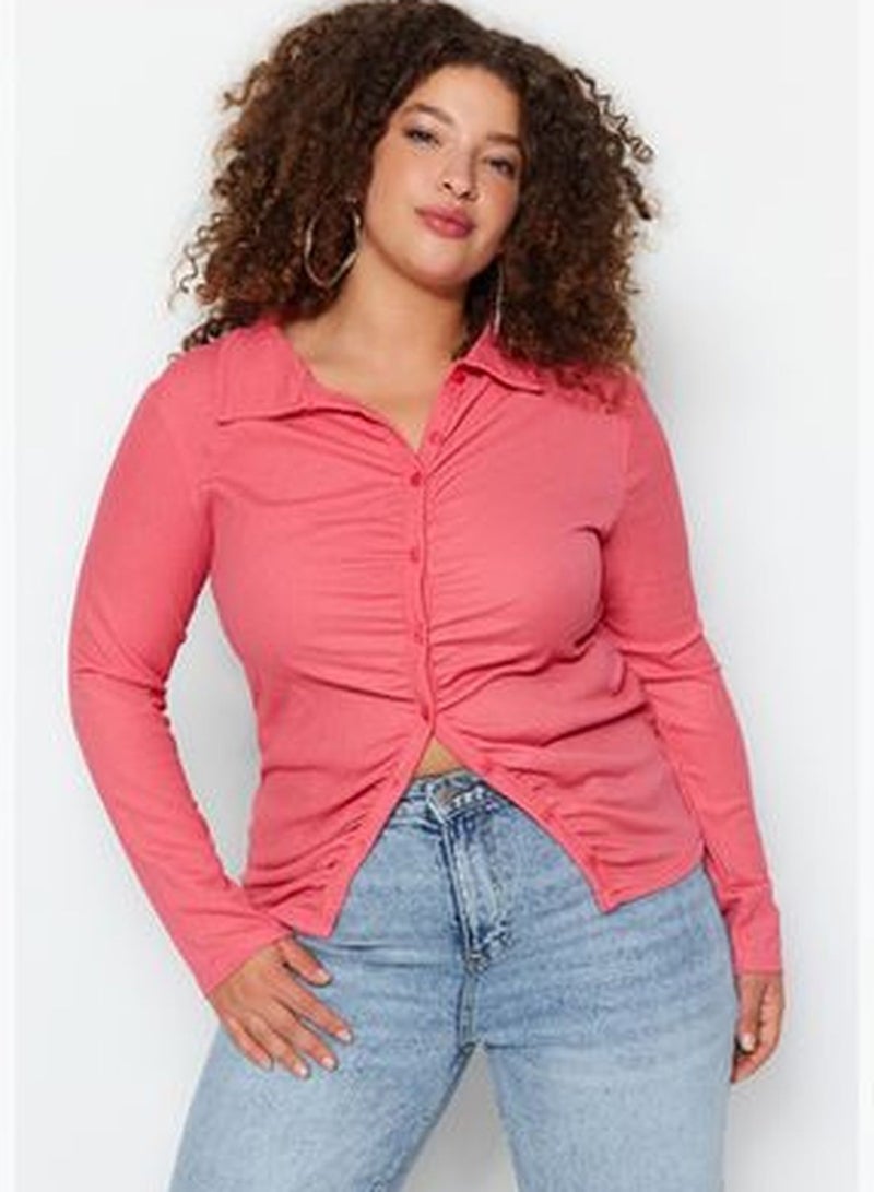 Pink Shirring Plus Size Blouse TBBAW23AX00001