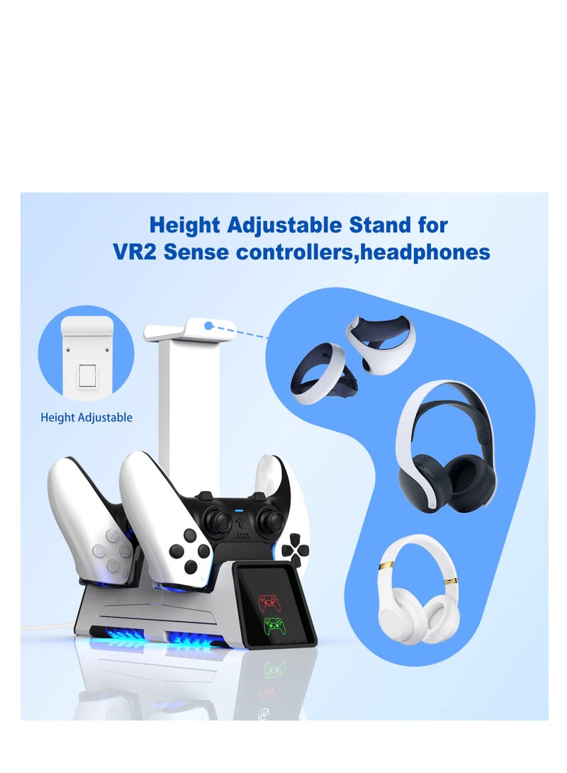 PS5 Controller Charging Station, Fast Dual Charging Dock for DualSense Wireless Controllers, for PS 5 Dualsense Wireless Controller, with LED Indicator, Headset Holder, Type-c Charger Cable