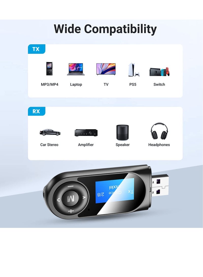 Bluetooth Transmitter Receiver with LCD Screen, USB Bluetooth 5.0 Audio Transmitter with 3.5mm Jack, Mini Portable Bluetooth Adapter, Low Latency, for TV, Stereo, Car, Headphones, Speakers, PC