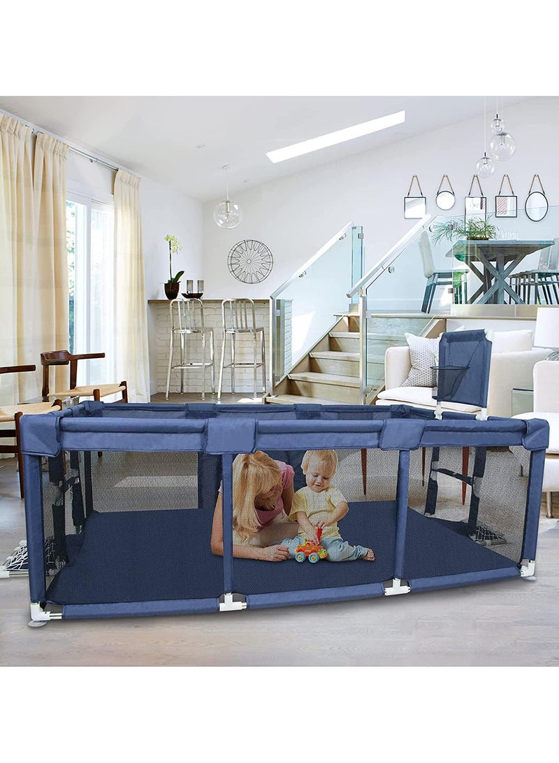 Large Toddler Stainless Steel Pipe Foldable Safe Playpen For Twin - Blue