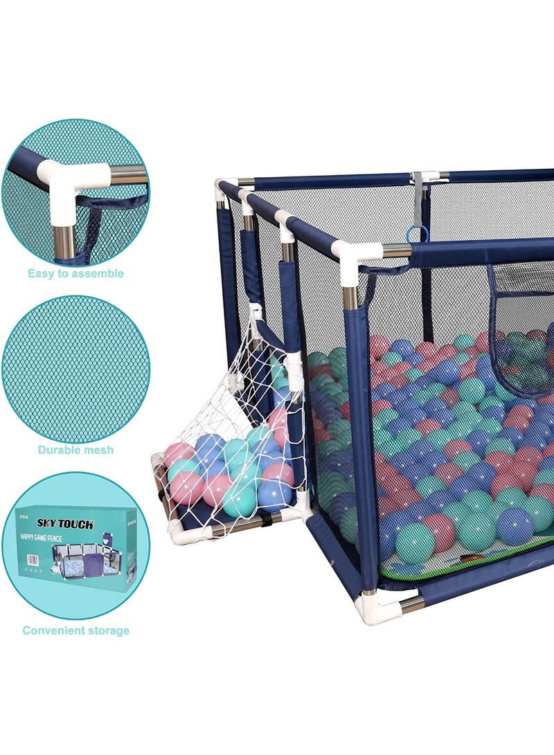 Large Toddler Stainless Steel Pipe Foldable Safe Playpen For Twin - Blue