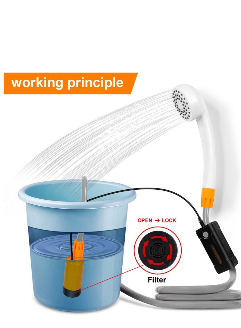 Portable Outdoor Shower, Outdoor Electric Shower Rechargeable Pump, LED Lighting, USB Charging, Detachable Battery, Pumps The Water from The Bucket into a Stable and Gentle Shower Stream