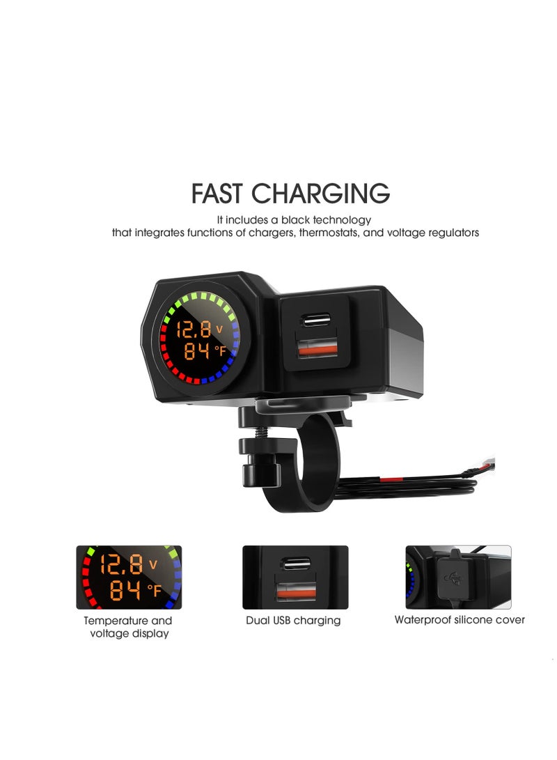 Motorcycle Phone Charger, Motorcycle Waterproof 3 in 1 USB Charger, With Voltmeter and Thermometer, Fast Charge QC 3.0/2.0 and PD, 12V for Motorcycle ATV UTV (7/8inch Handlebar)