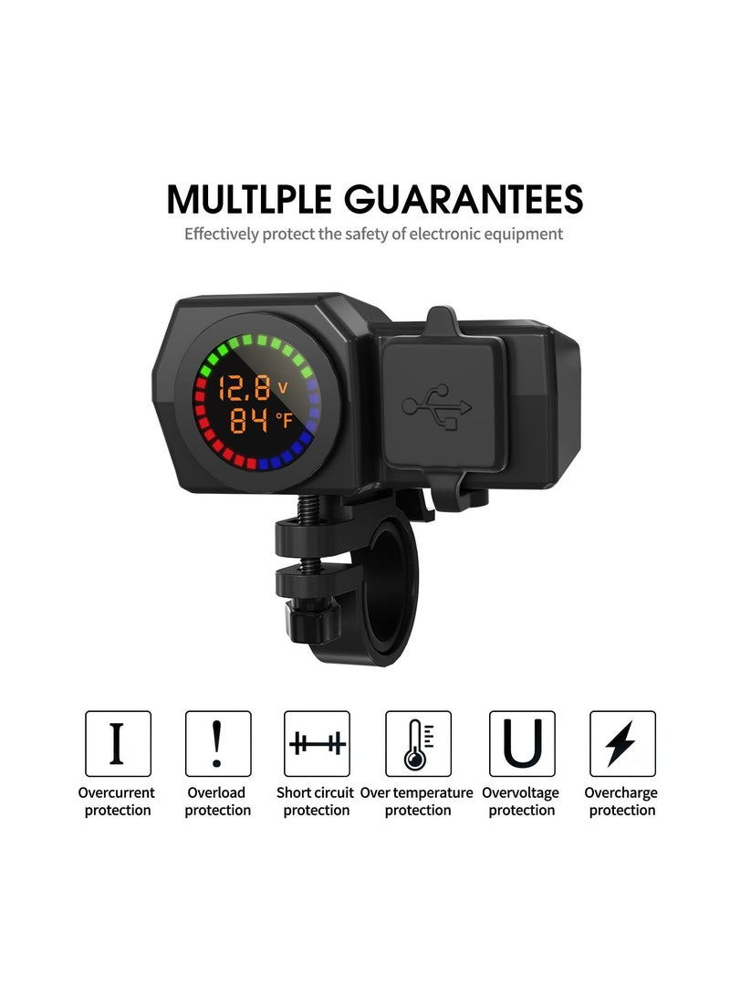 Motorcycle Phone Charger, Motorcycle Waterproof 3 in 1 USB Charger, With Voltmeter and Thermometer, Fast Charge QC 3.0/2.0 and PD, 12V for Motorcycle ATV UTV (7/8inch Handlebar)