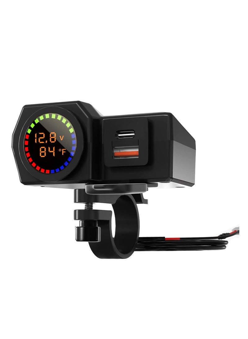 Motorcycle Phone Charger, Motorcycle Waterproof 3 in 1 USB Charger, With Voltmeter and Thermometer, Fast Charge QC 3.0/2.0 and PD, 12V for Motorcycle ATV UTV (7/8inch Handlebar)