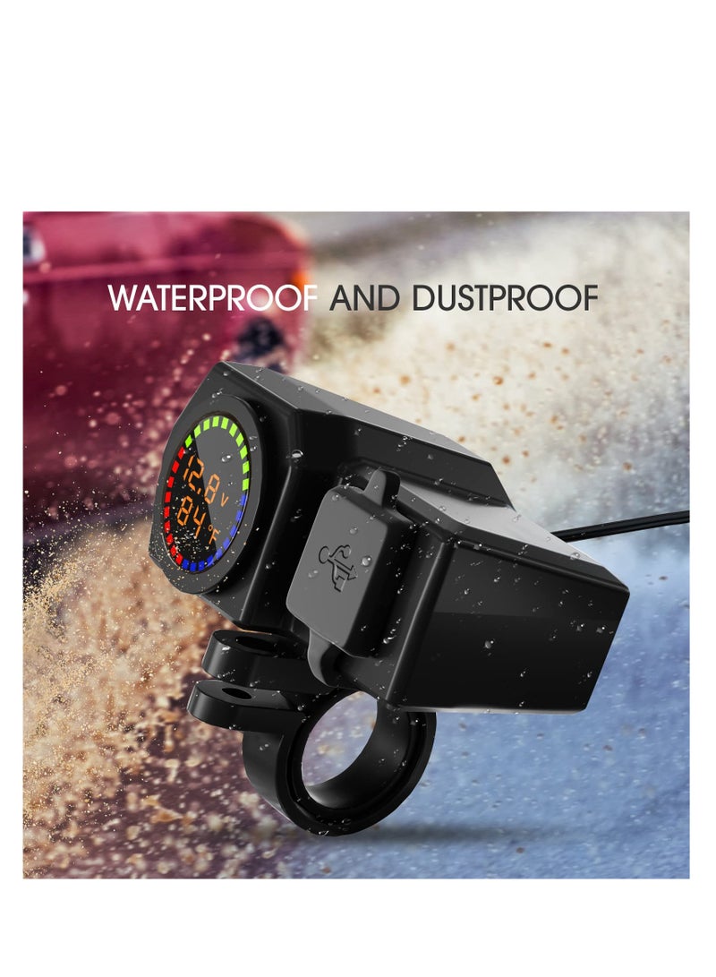 Motorcycle Phone Charger, Motorcycle Waterproof 3 in 1 USB Charger, With Voltmeter and Thermometer, Fast Charge QC 3.0/2.0 and PD, 12V for Motorcycle ATV UTV (7/8inch Handlebar)